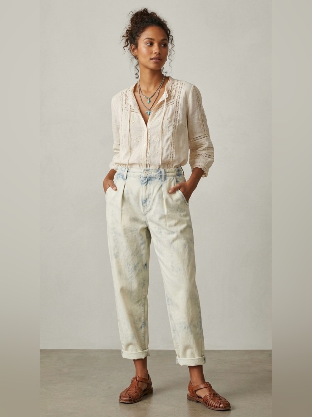 By Anthropologie Acid Wash Pleated Tapered Pants Elastic Back Cream Blue